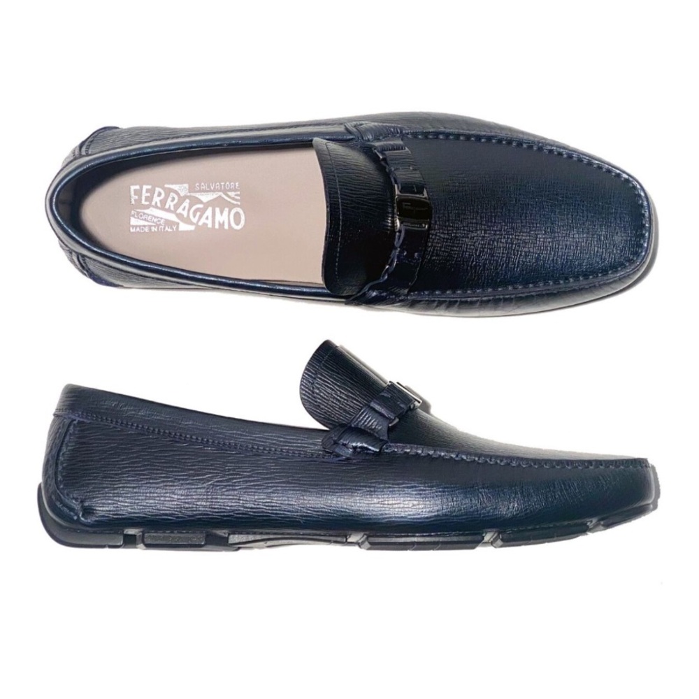 Salvatore Ferragamo Men’s Navy Blue Leather Loafers Slip On Shoes Moccasin Sz 12